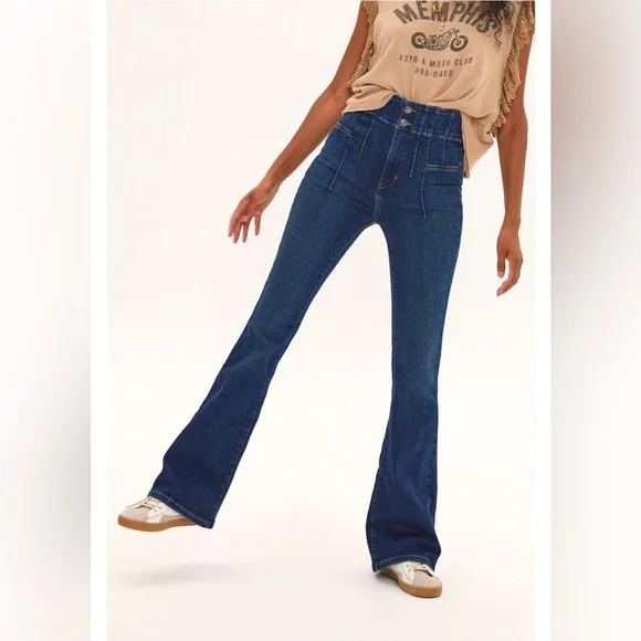 Free People We The Free Jayde Flare Jeans Tulsa Blue Dark Wash Size 27 - Picture 2 of 15